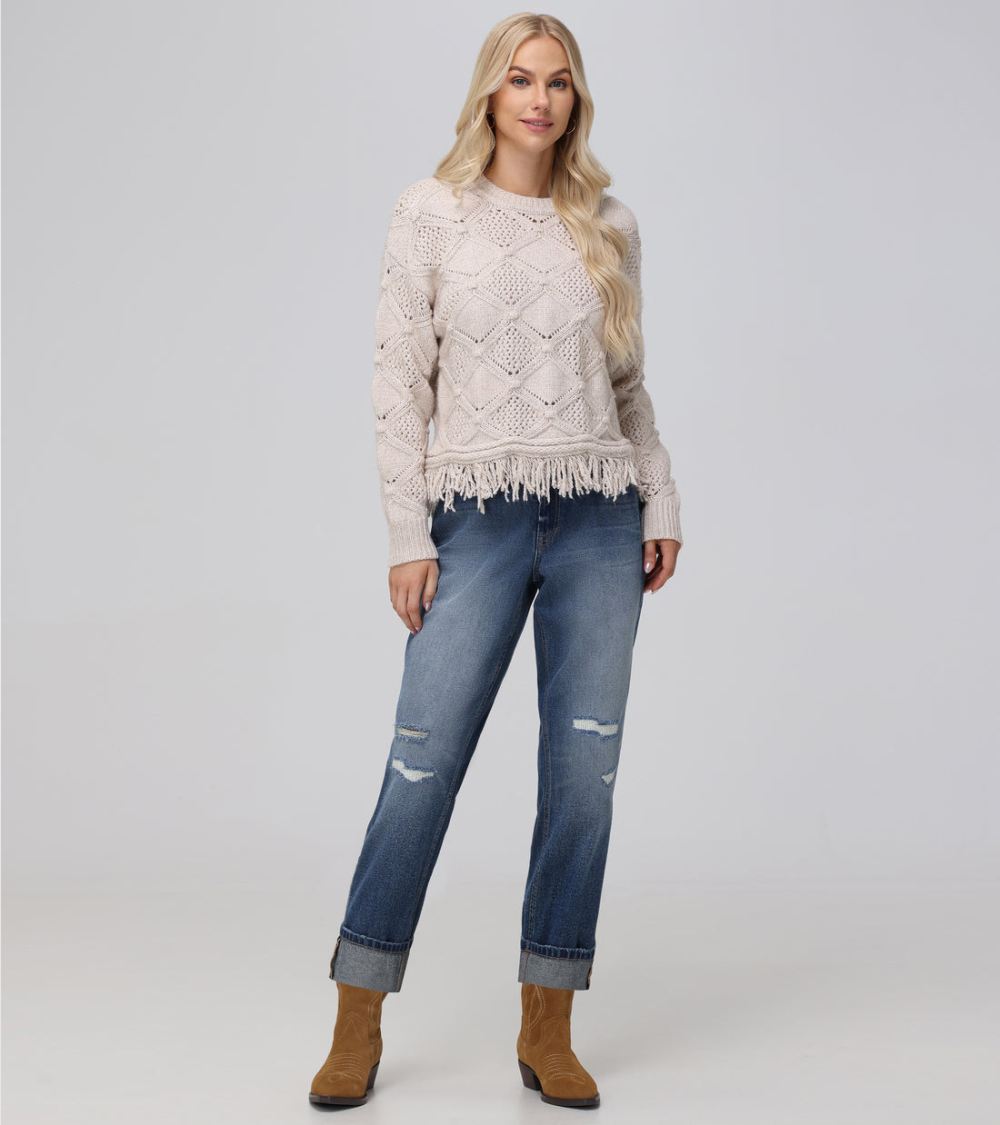 Women's Frye Pointelle Fringe Pullover - Pointelle Fringe Pullover
