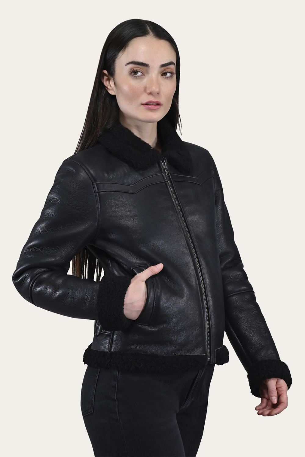 Women's Frye Women's Leather Jacket With Sherling Collar And Cuffs - Women's Leather Jacket With Sherling Collar And Cuffs