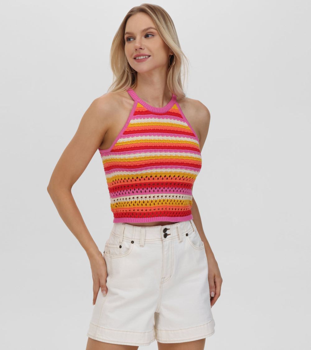 Women's Frye Crochet Striped Halter Neck Tank - Crochet Striped Halter Neck Tank