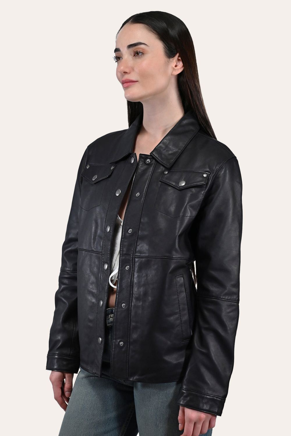 Women's Frye Black Leather Shirt - Women's Frye Black Leather Shirt